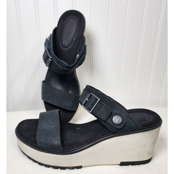 Timberland Womens Koralyn Sandals 10 Platform Heel Black White Slip On Y2K 90s - Picture 1 of 8